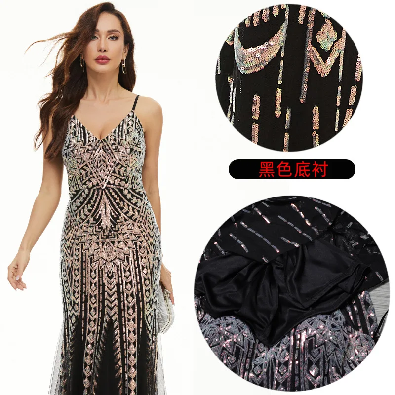 Sequin dress positioning flower bead patchwork mesh banquet light luxury evening dress women's long suspender fishtail skirt