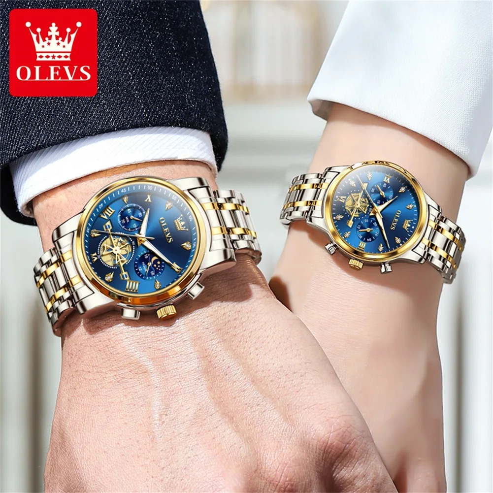 OLEVS Quartz Couple Watch Luxury Brand Waterproof Lunar Phase Timing Code Watch Elegant and Romantic Lover His Her Couple Watch