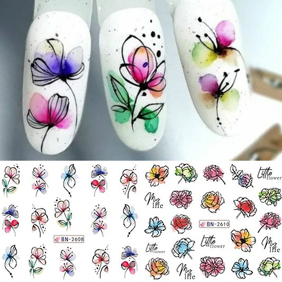 12 PCs Ink Flowers Nail Art Sticker Summer Water Decal Blooming Flowers Leaves Graffiti Slider Nail Decoration Foils Tattoo