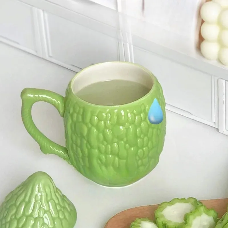 Creative Bitter Gourd Mug with Lid Ceramic Cup Office Unique  Bizarre Water Cup Milk Cups Cute Hot Water Mug  Birthday Gift