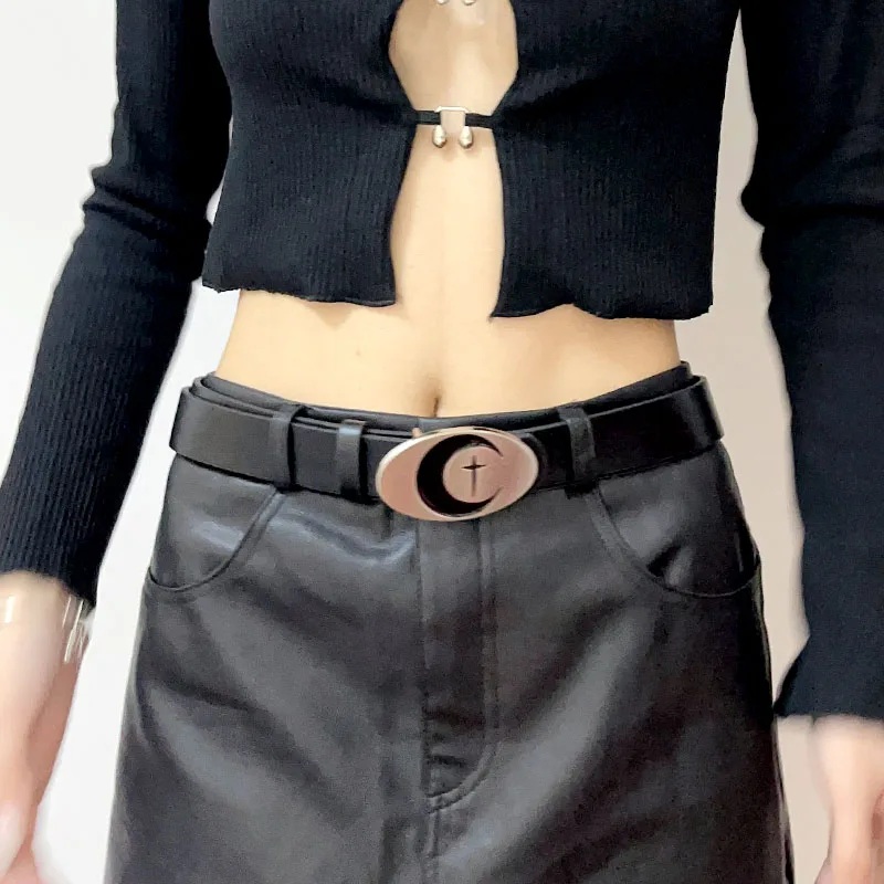 Women Metal Moon Buckle Waist Belt Adjustable Female Strap Belts PU Leather Jeans Decorative Fashion Waistband Accessories