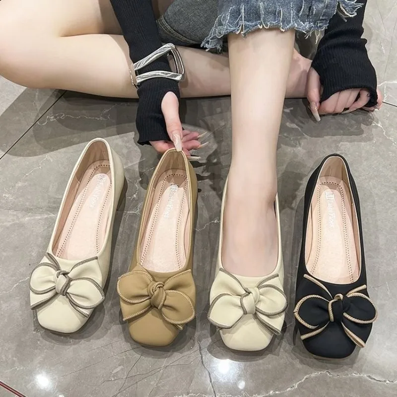 Women Square Toe Contrast Binding Bow Flat Pumps, Soft Leather Slip On Gentle Style Daily Versatile Commute Shoes