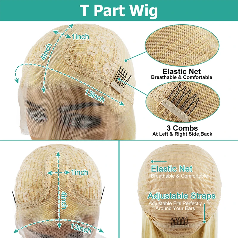 Wig Frontal rambut palsu depan manusia renda transparan bagian T berwarna pirang pucat lurus Wig Frontal untuk wanita