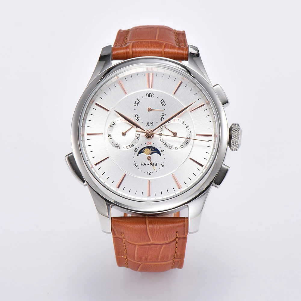 Parnis 45 mm witte wijzerplaat blauwe markeringen herenhorloge automatische mechanische kalender lederen bandhorloges