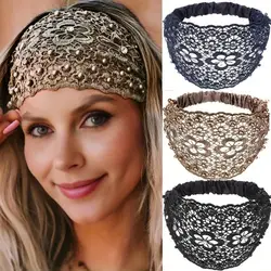 Elegant Women Hollow Headband Flower Pattern Shiny Rhinestones Faux Pearls Hair Band High Elastic Wide Hair Hijabs Holder