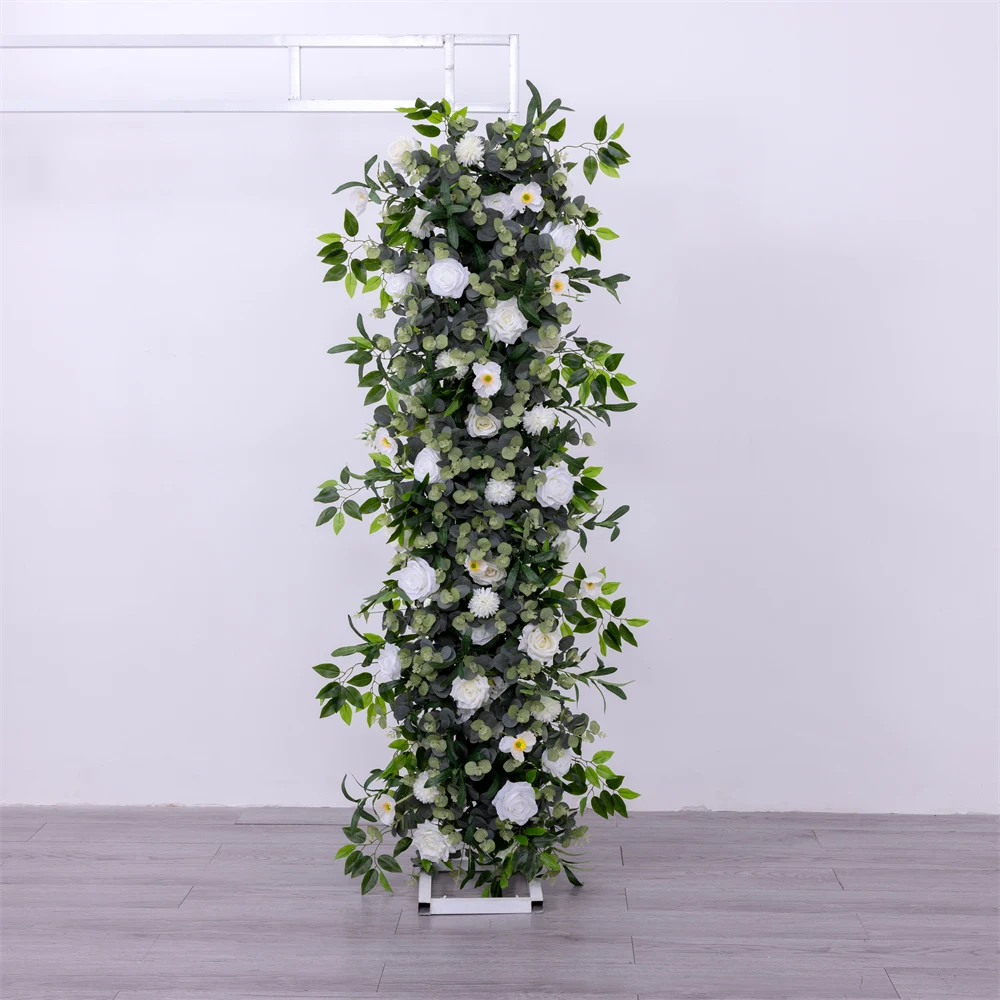 4.9x0.4ft Artificial White Green Flowers Row Olive Branch Eucalyptus Leaves Rose Floral Arrangement Decoration Mariage Props