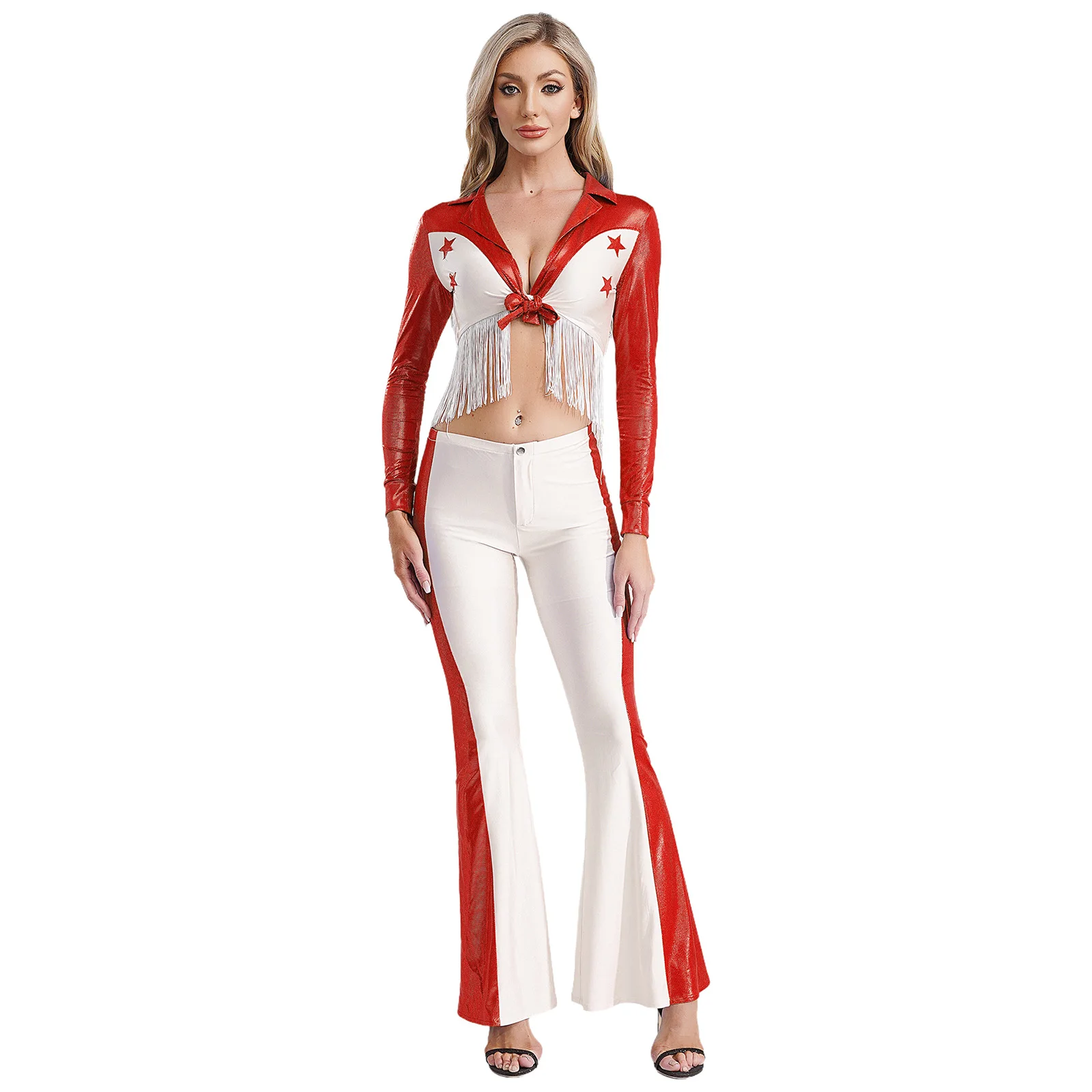 

Women Western Cowboy Cowgirl Cheerleader Costume Halloween Carnival Party Clubwear Tassels Tied Up Crop Top with Flared Pants
