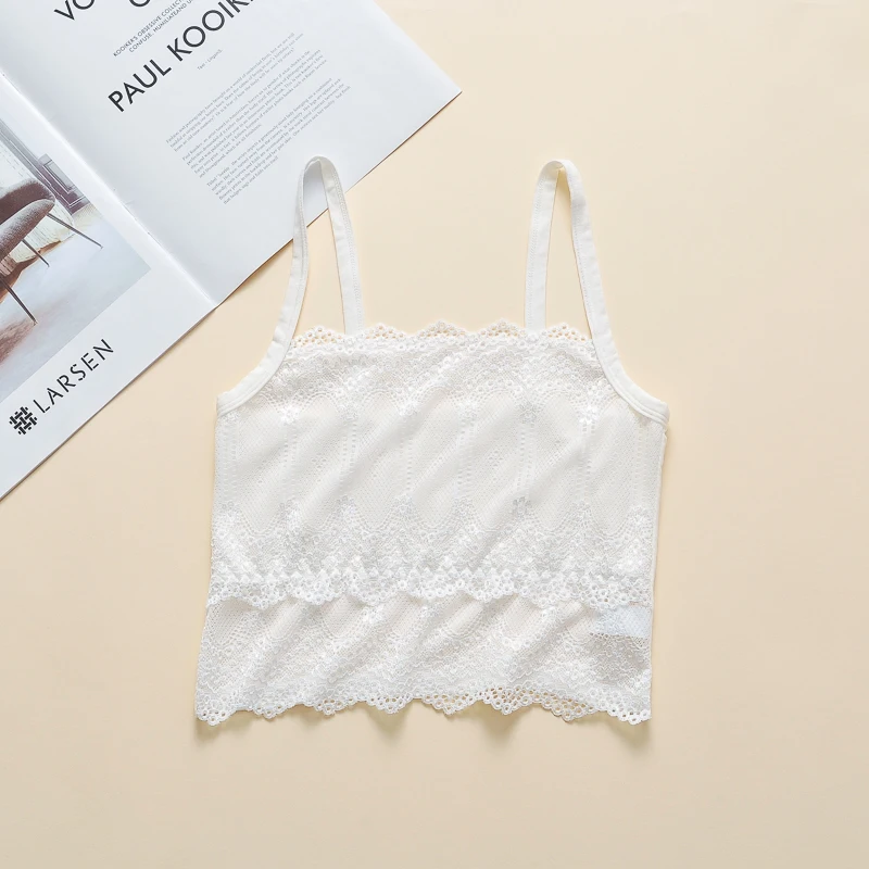 Renda branca strapl colheita superior roupa interior usar camada base anti-luz envoltório peito brtte adolescente estudante do ensino médio
