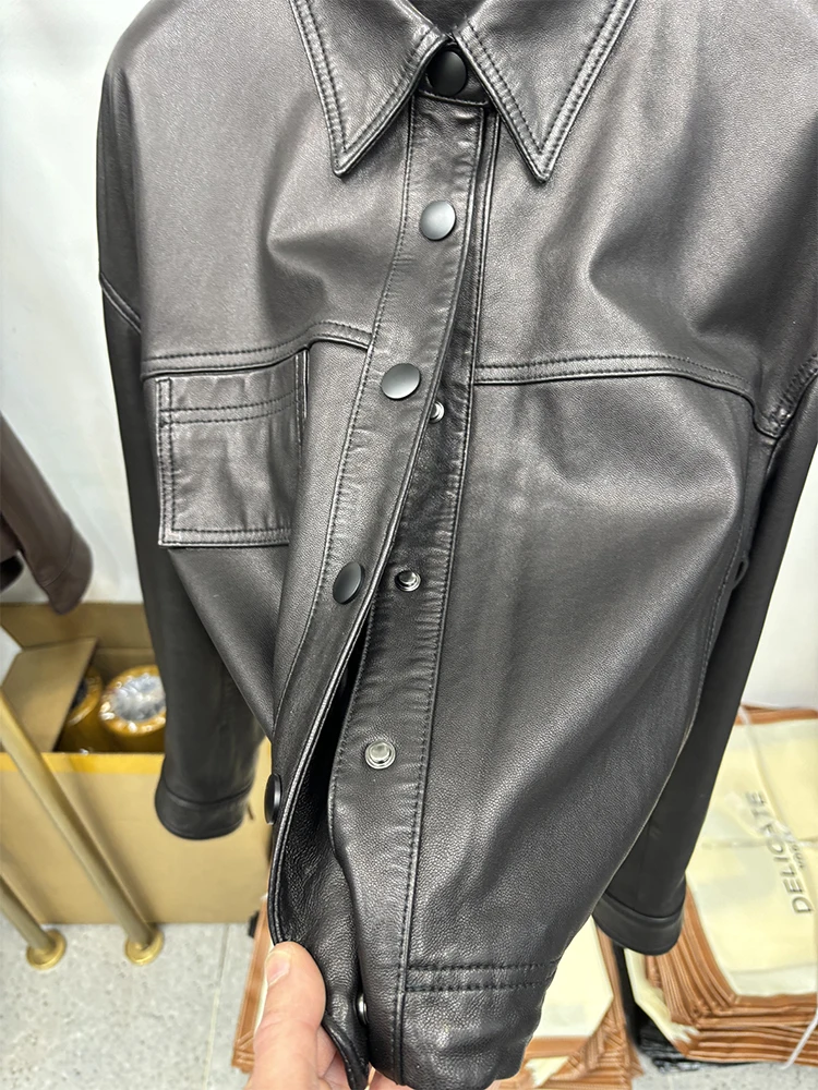 2025 frauen Frühling Schwarz Echtem Schaffell Leder Kurze Jacke Mantel Herbst Lose Echt Leder Mantel