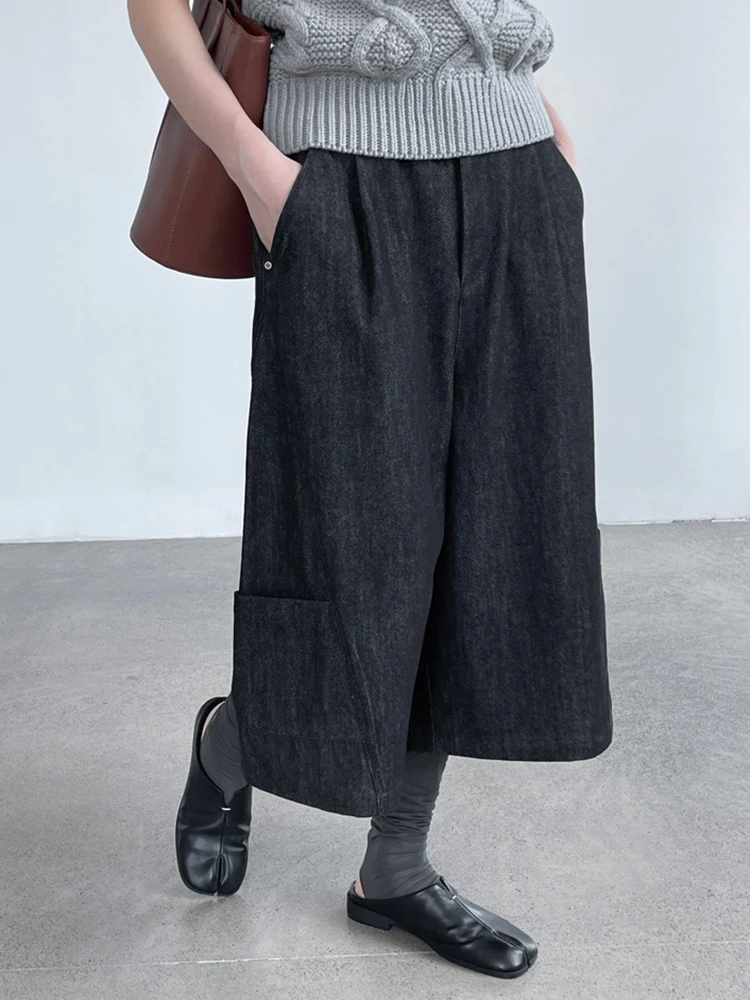 [EAM] High Waist Black Denim Pocket Casual Vintage Calf-Length Pants New Trousers Women Fashion Tide Spring Autumn 2026 1DJ9165