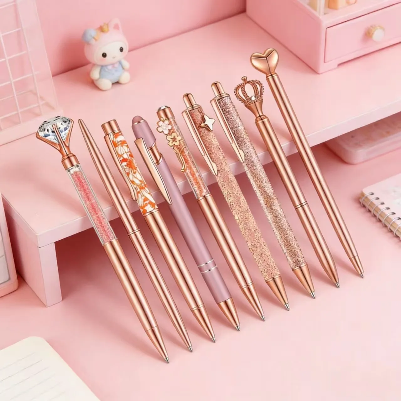 8/9 Pcs Rose Gold Ballpoint Pen Women School Stationery Set Liquid Sand Glitter Black Ink Pens Gifts for Wedding Office Supplies