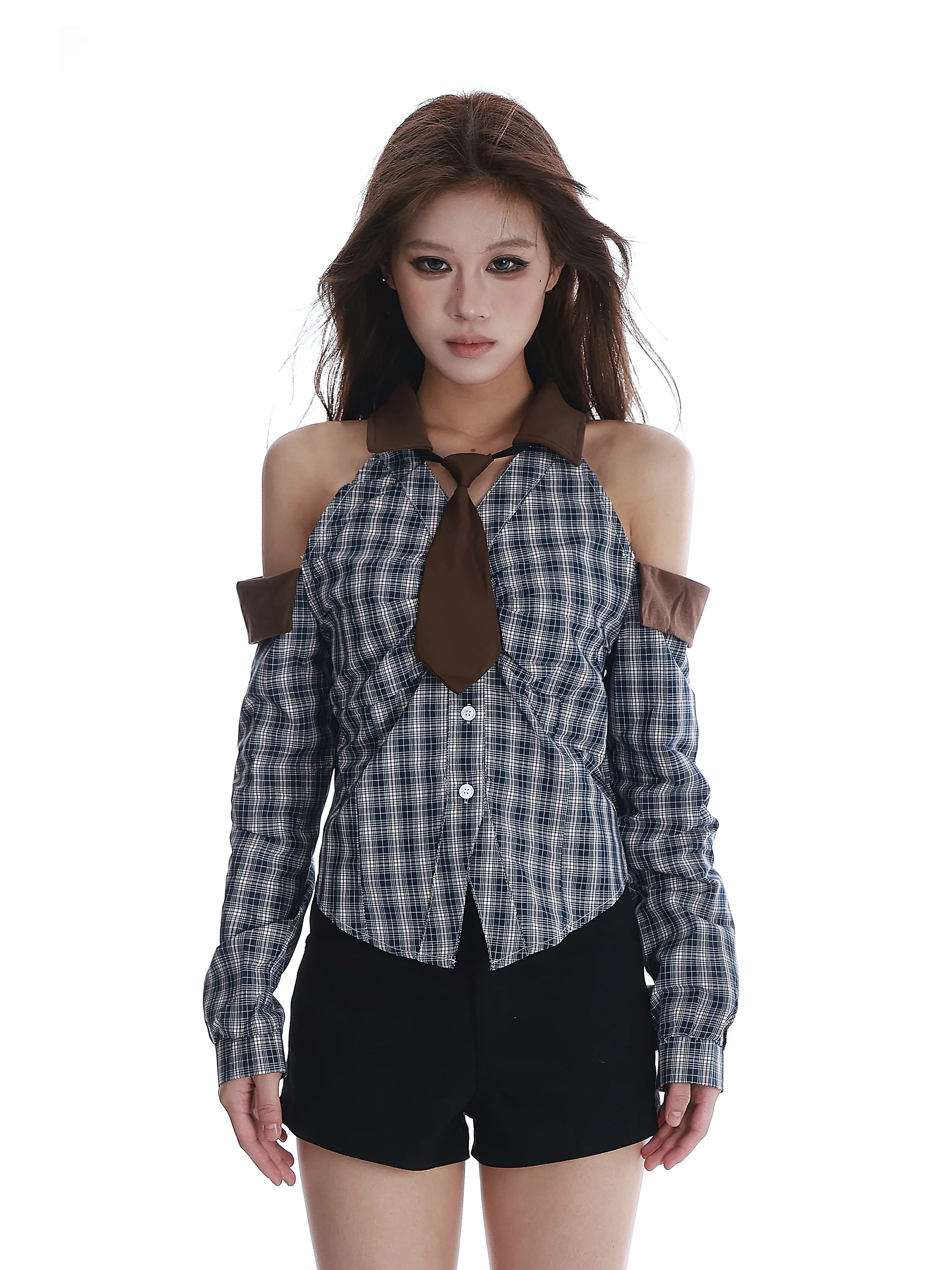 

American Sweet Cool Sle oulder Bared Plaid irt Women's Autumn Winter Lazy Waist Inward Collar Long Sve irt