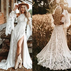 Beach Off Shoulder High Collar Mop Wedding Dresses For Women Long Sleeves Lace Pleat High Slit Sexy Bride Dresses Bridal Gown