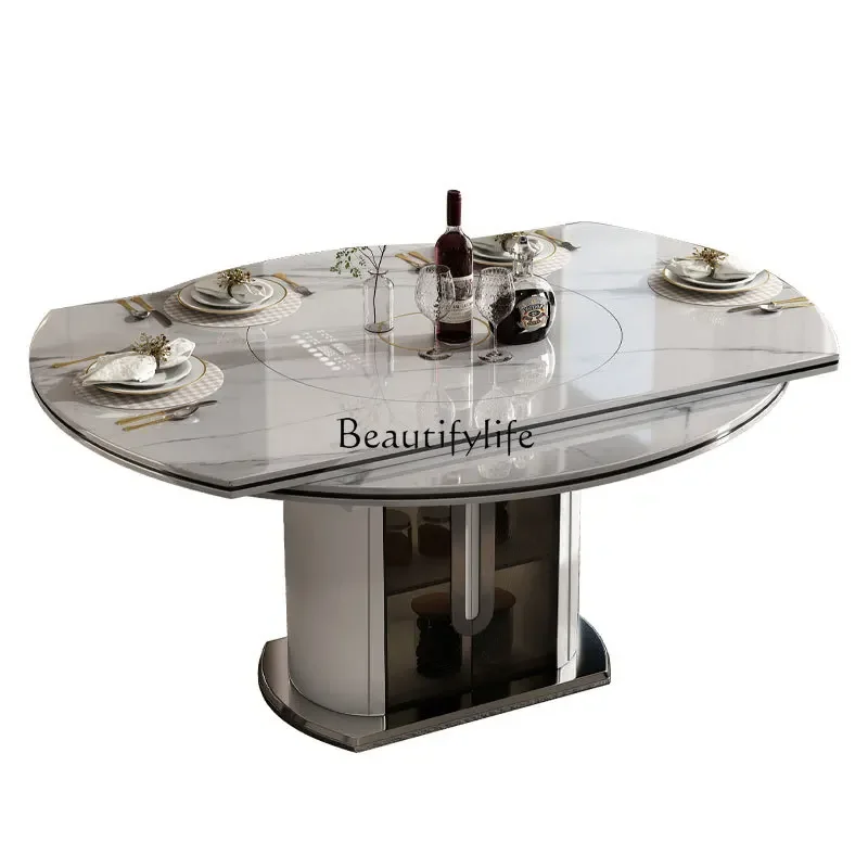 Rock slab dining table multi-functional warm vegetable turntable with induction cooker light luxury modern simple variable round