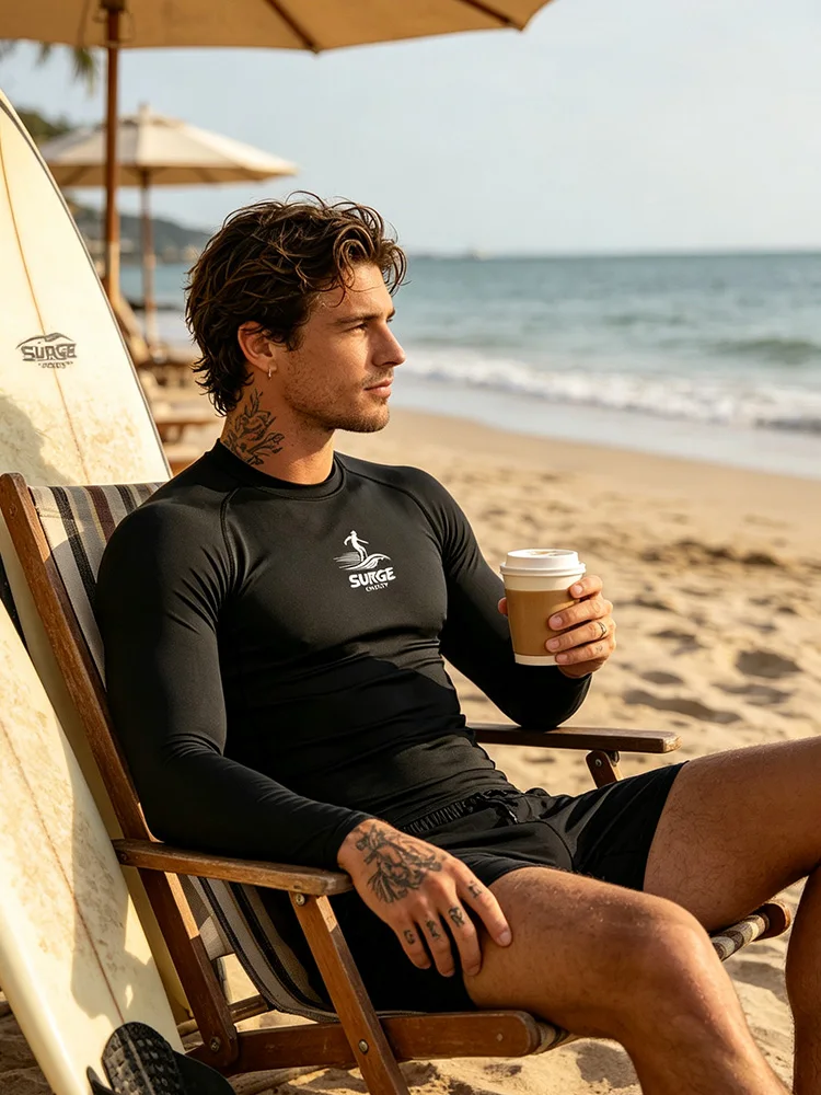 Muscle men's fashionable quick drying surfing T-shirt long sleeved sports fitness suit beach sunscreen diving swimsuit