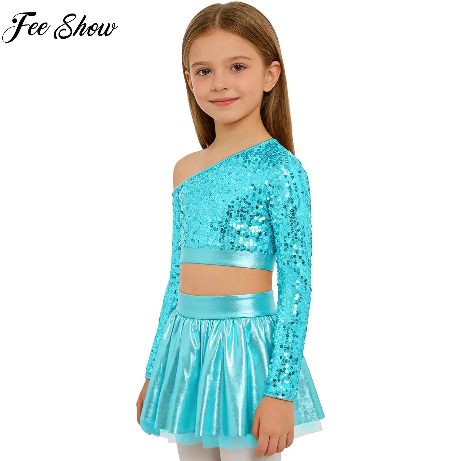 

Kids Girls Metallic Stylish Jazz Hip Hop Dance Costume One Shoulder Long Sleeve Sequins Top with Tutu Skirt Street Dance Outfits