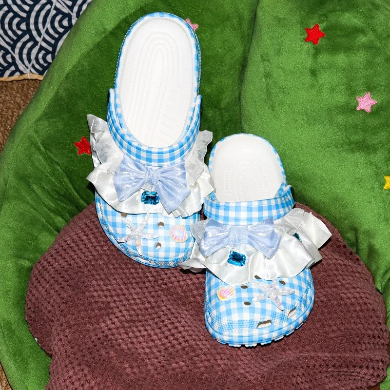 

Sweet Gingham Bow Starfish Platform Clogs Women, Ergonomic Non-slip Waterproof Wear-resistant, Summer Beach Home Casual Shoes