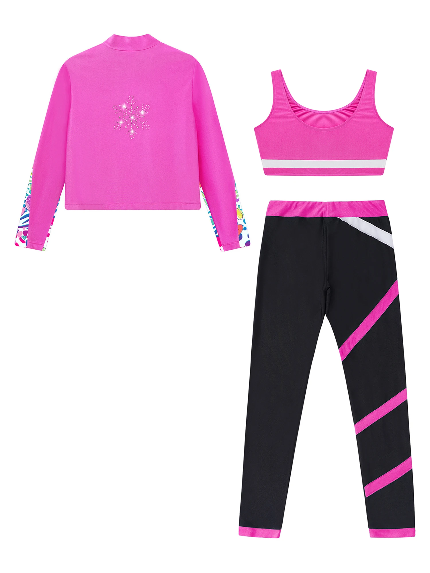 Kids Girls Figure Skating Tracksuits Long Sleeves Athletic Shirt with Vest Tops Leggings Sports Gymnastics Fitness Yoga Outfits