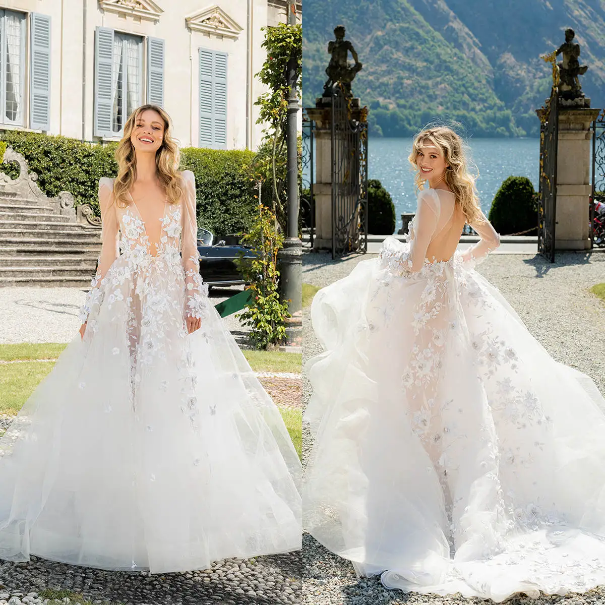 Vestido de novia línea a de hadas con cuello en V, apliques 3D, manga larga, sin espalda, vestidos de novia, Vestido de novia personalizado