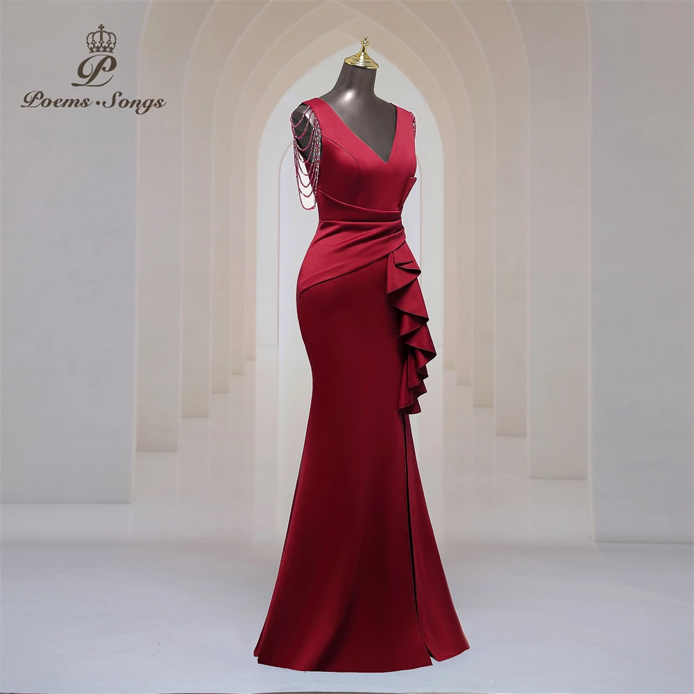 Elegant side slit Party dress for women Long Prom Dress Soft Satin shoulder Beading evening dresses Maxi Dress Evening gowns