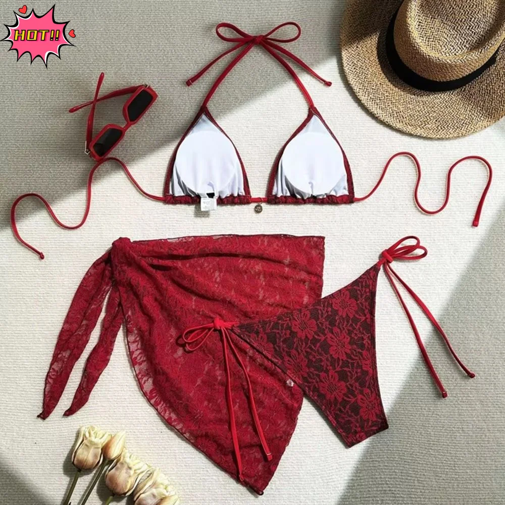 

3Pcs/Set Fashion Summer Lace Bikinis Casual Brazilian Women Swimsuit Beachwear Party Bathing Suit Beach
