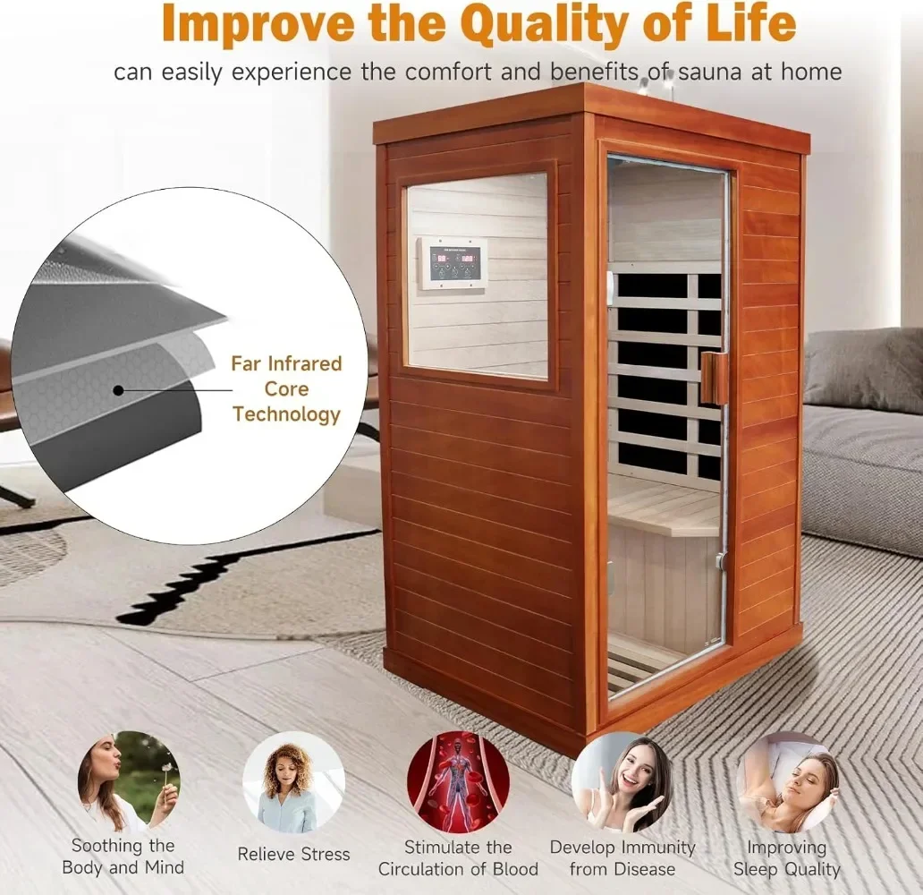 Sauna inframerah, rumah Sauna Spa ruang rendah, kayu EMF Okoume 800W Sauna dalam ruangan dengan Panel kontrol dan kaca antigores