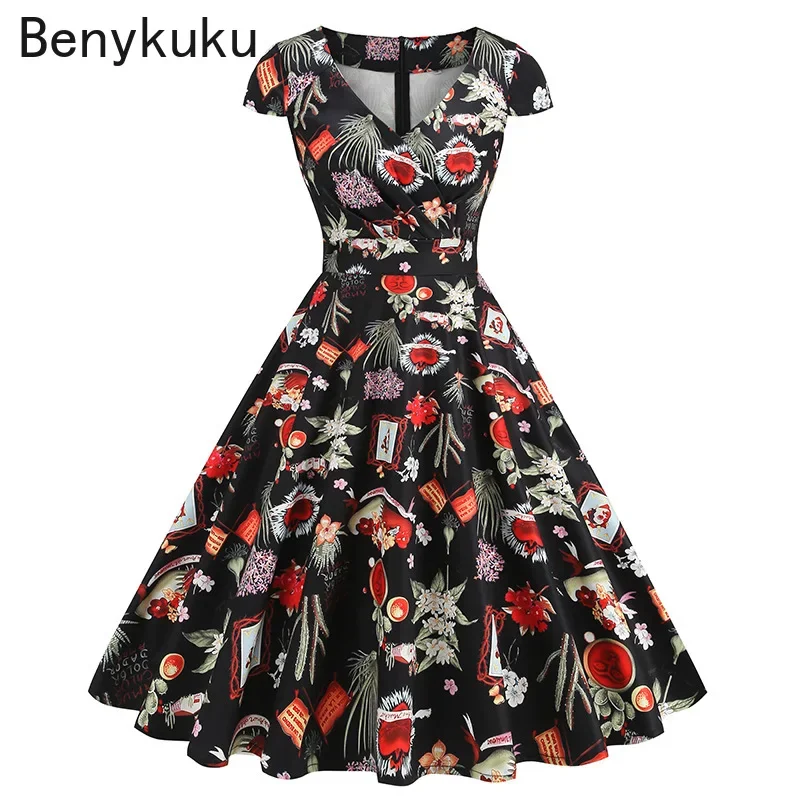 

Платье в стиле рокабилли с принтом вишни и подсолнухами 50-х 60-х годов, летняя одежда с v-образным вырезом 2025 года, женские винтажные свободные вечерние платья Хепберн