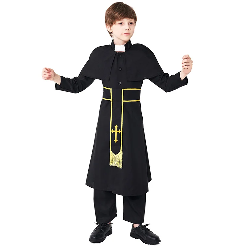 Halloween Religious Priest Clothes Fantasia Cosplay Costume Children Boy Preacher Small Cape Black Suit Carnival Masquerade Set