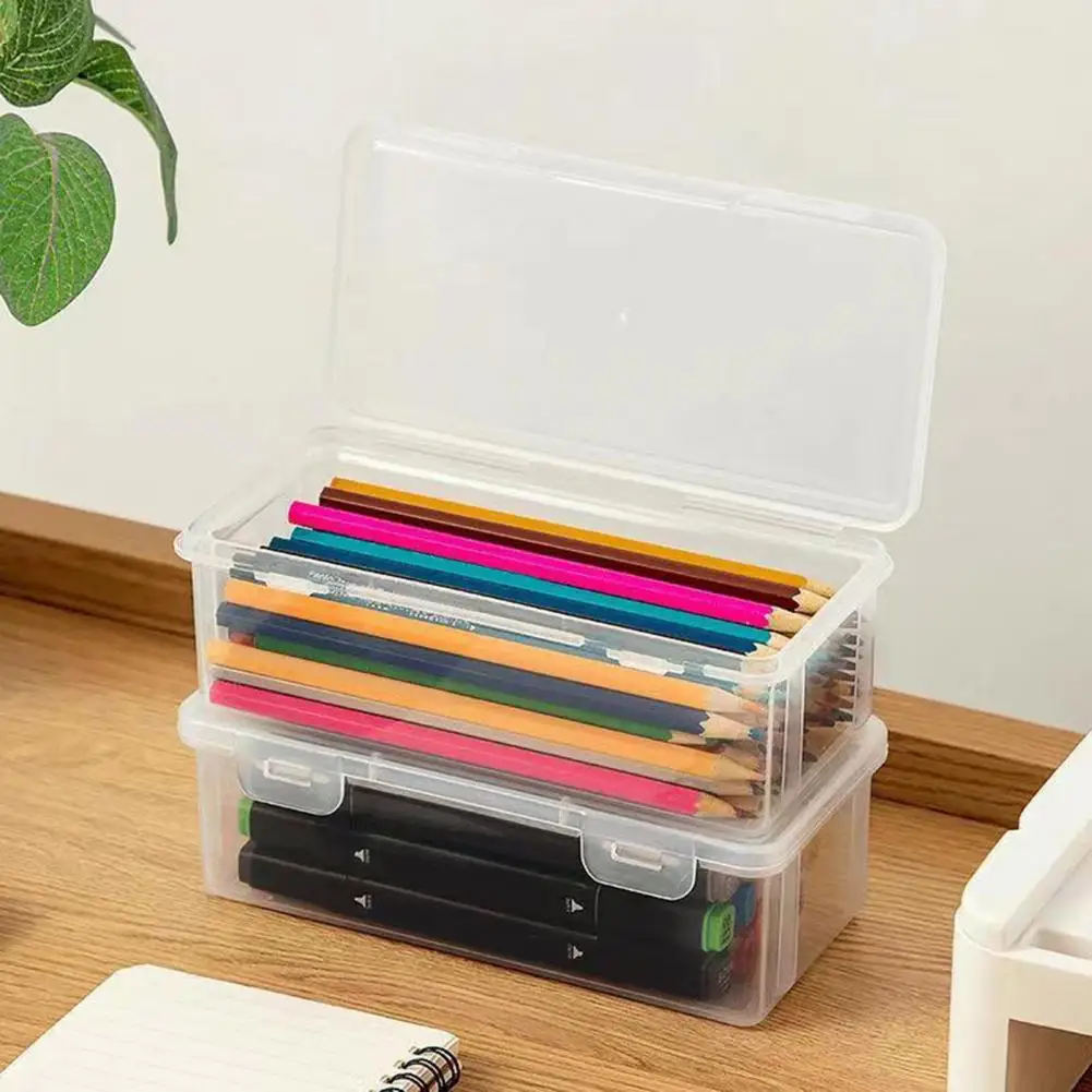 Stackable Pencil Storage Box Transparent Stationery Storage Box Pen Holder Simple Clear Student Desktop Snap-on Lid Pen Case