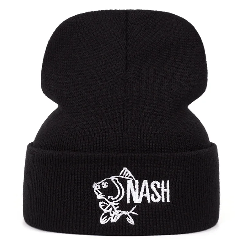 NASH Big Fish Embroidered Knitted Hat, Autumn and Winter Men's and Women's Outdoor Sports Event Warm Woolen Hat, Bean Hat, Cold