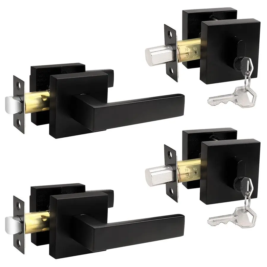 

Flat Black Passage Door Lever with Single Cylinder Deadbolts Combo Pack, Modern Square Lock Set Handleset,Exterior Door Handle a