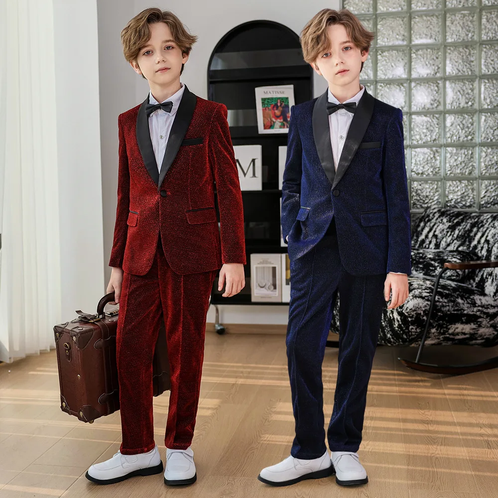 Autumn Children Piano Host Walking Show Performance Blazers Set Red Christmas Tuxedo Formal Wedding Suit for Boys 2 To 14 Years