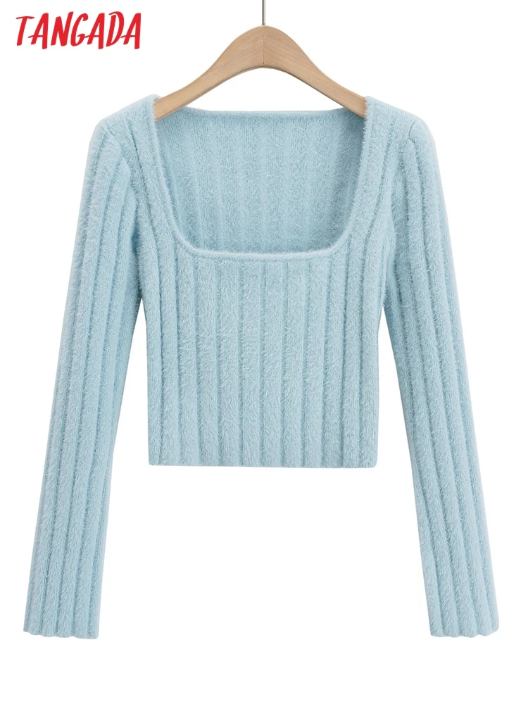 Tangada 2023 Autumn Winter Women Slim Knitted Sweater Jumper Square Neck Female Pullovers 4P44