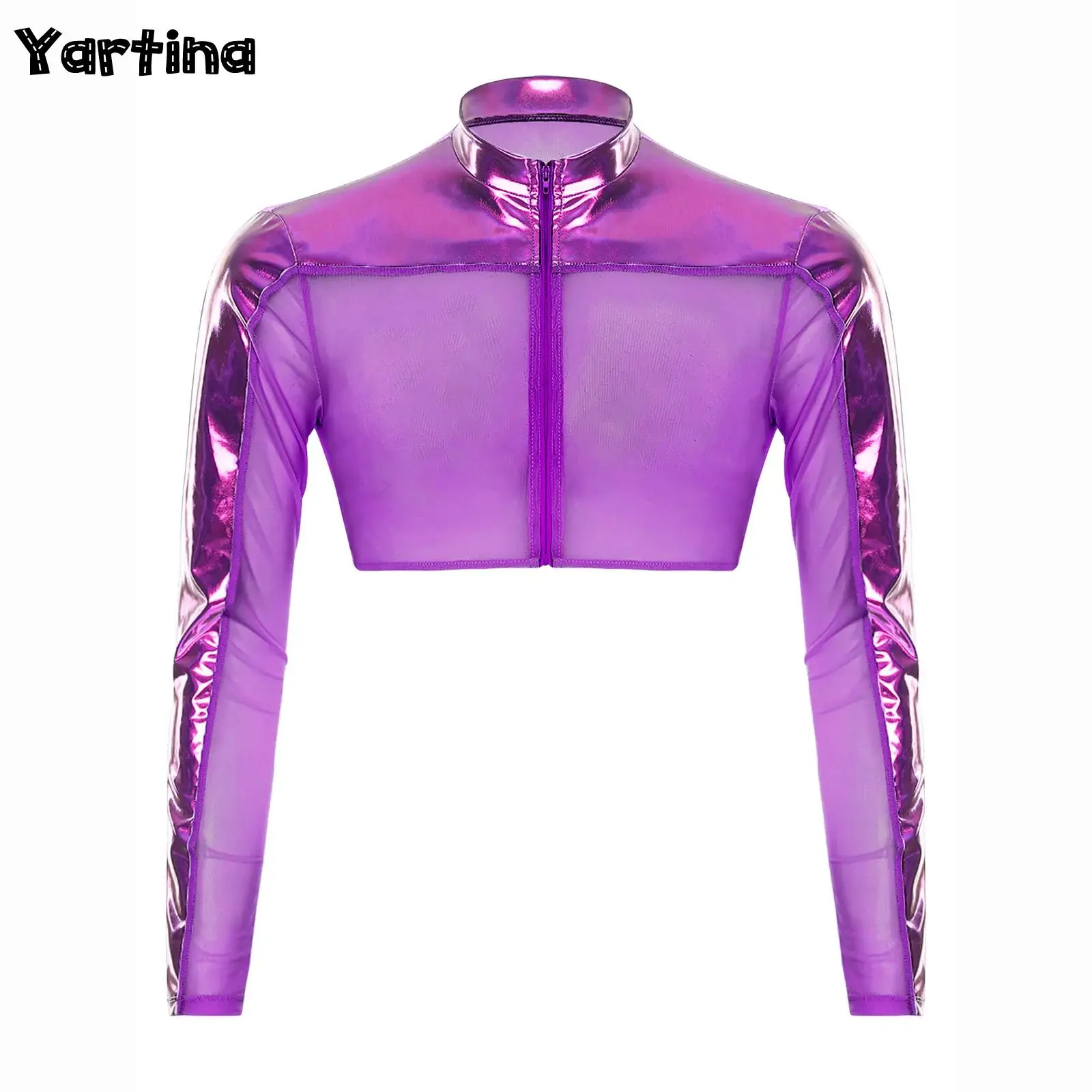 

Mens Long Sleeve Zipper Cropped Tops Shiny Metallic Front Zipper Half Tops Breathable See Through Mesh Slim Fit Tops Clubwear