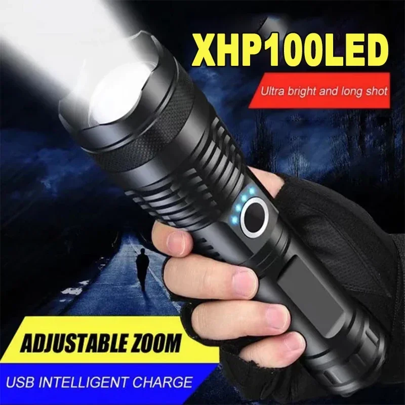 

High Power XHP100 Led Flashlight Rechargeable 4 Core Torch Zoom Usb Hand Lantern For Camping, Outdoor & Emergency Use