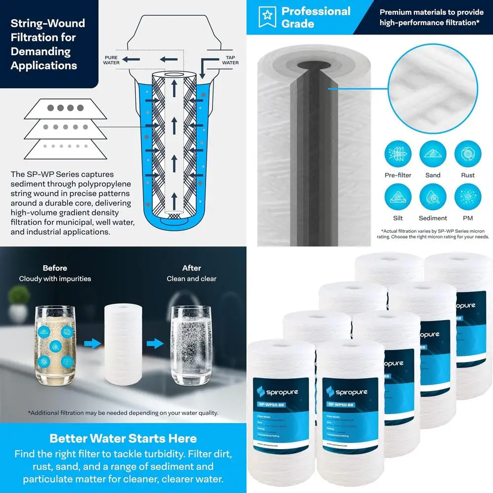 

10x4.5 Inch 50 Micron Polypropylene String Wound Water Filter Cartridge, Pack of 8