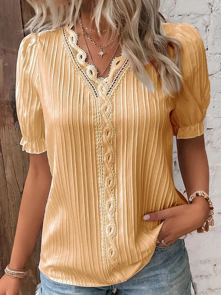 Women Fashion Solid Color Blouses Shirts Casual V-Neck Short Sleeve Elegant Blouses Tops Ladies Summer Classics Basic White Tops