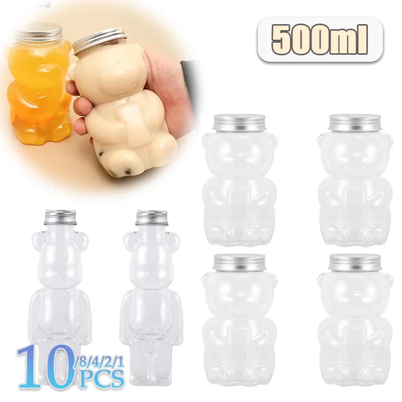 1/2/4/8/10PCS 500ml Transparent Cartoon Bear Bottle Portable Cute Drink Container for Bubble Tea Juice Takeout Party Supplies