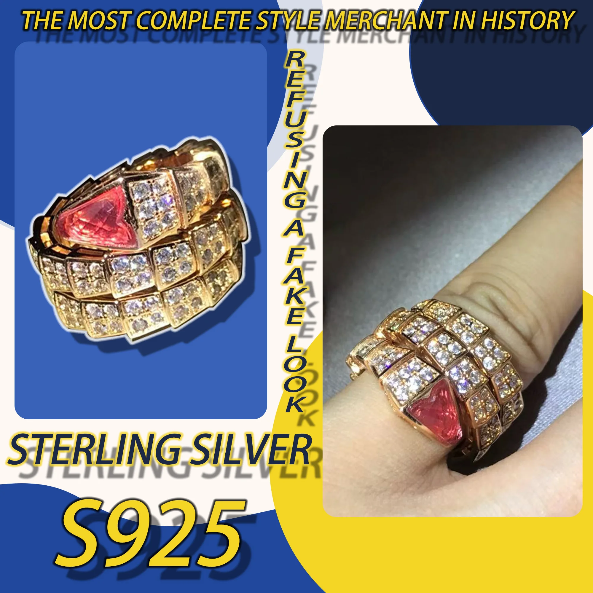 

Fashionable and high-end diamond studded snake bone ring in pure silver S925BV, light luxury niche ring Serpenti series
