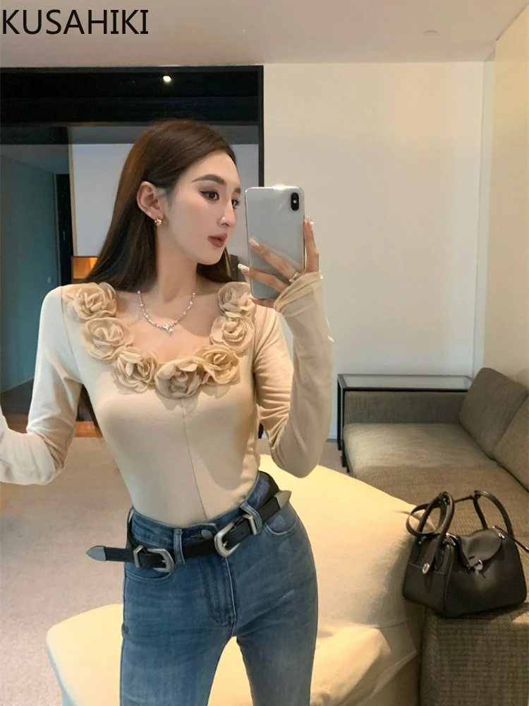 KUSAHIKI Chic 3D Flowers O-neck Long Sleeve Slim Spicy Girl Y2k Tops 2024 Spring New Base Tees Korean Fashion Shirts for Women