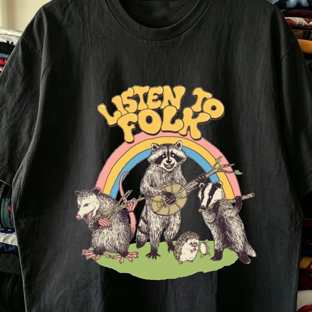 Raccoon Opossum Folk Band Men T Shirt Listen To Folk Music Graphic Tee  Summer Top Streetwear Rainbows Animals Art