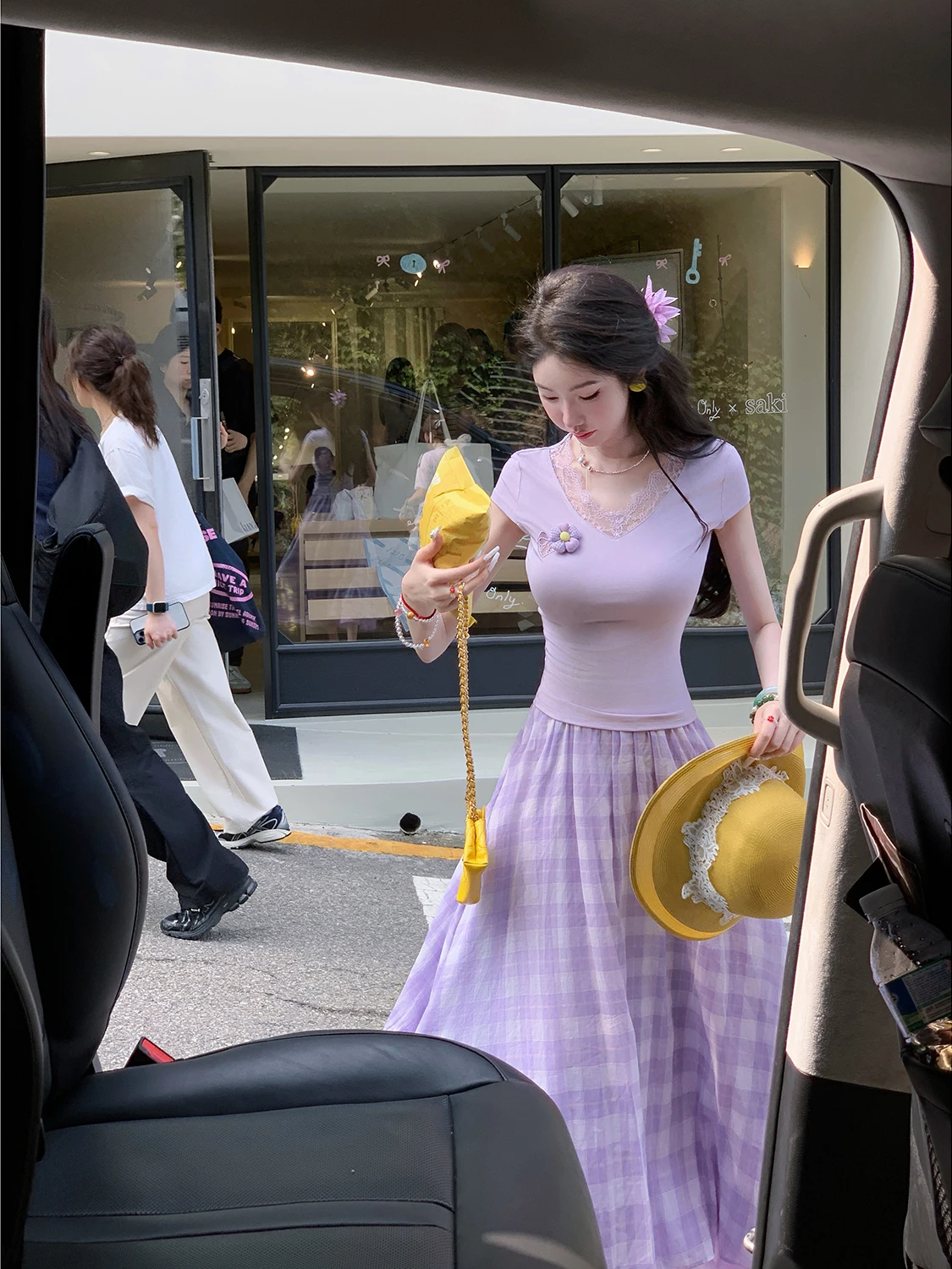 

Sy Purple Lace Trim V-Ne Top And Long Skirt Set Gentle Sle ort Sve Summer Faion Women's Clothing Set