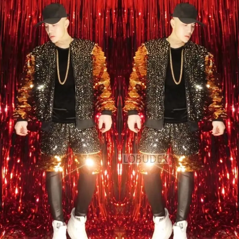 

Men Dancer Hip Hop Groups Dance Costume Bar Nightclub Rap Rock Singer Punk Stage Wear Street Dance Team Sequin Jacket Shorts Set