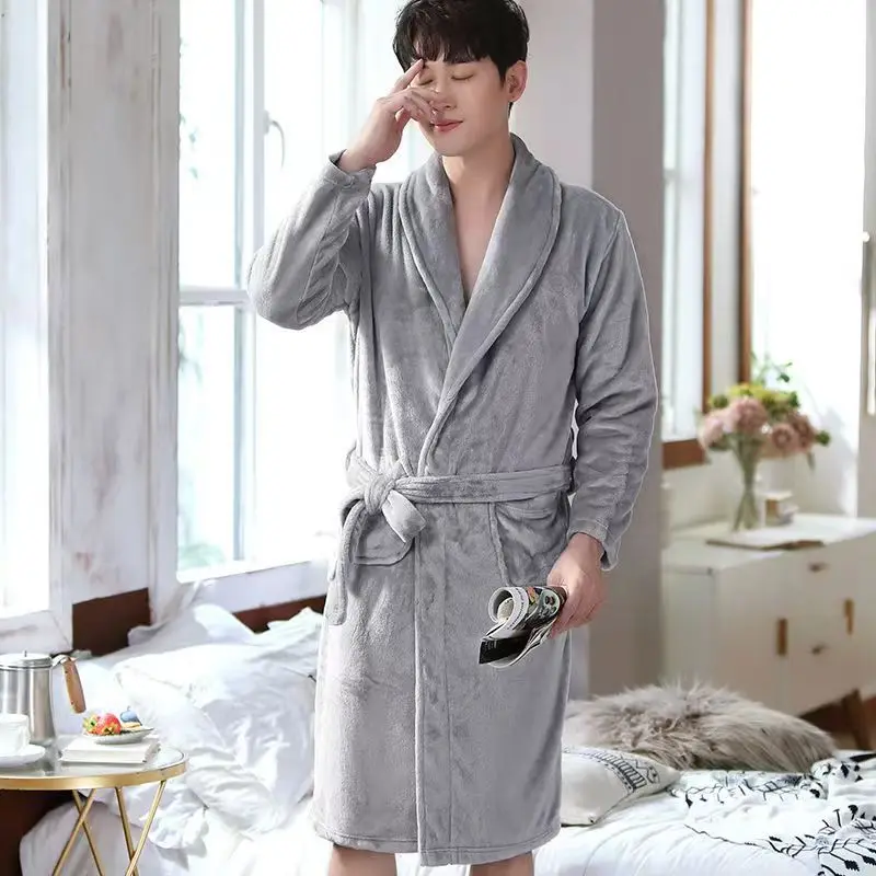 Winter Super Thicken Double-side Flannel Plus Plush Warm Bathrobe Man Casual Loose Solid V Neck Sleepwear Comfort Shower Robe