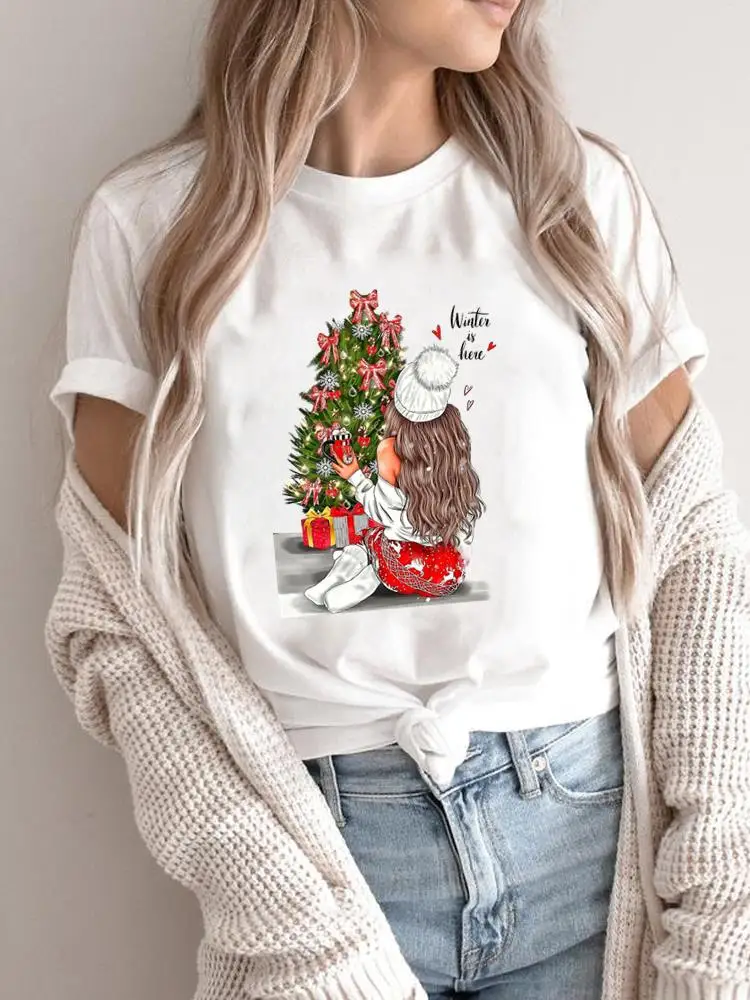 Cat Cute Lovely Winter 90s Women Holiday Clothing Merry Christmas Fashion 2025Shirt Print T Top Graphic Tee New Year T-shirts