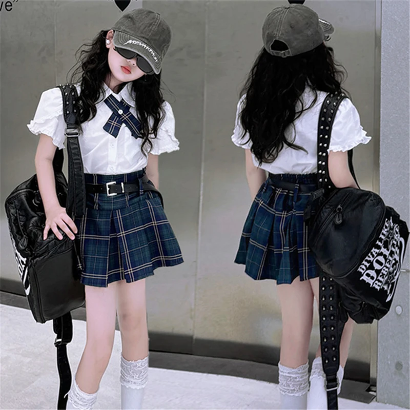 Korean Preppy Child Luxury Summer Set for Girl School Clothes Uniform Suit Kids Blouse Plaid Skirt 2 Piece Tracksuit with Belt