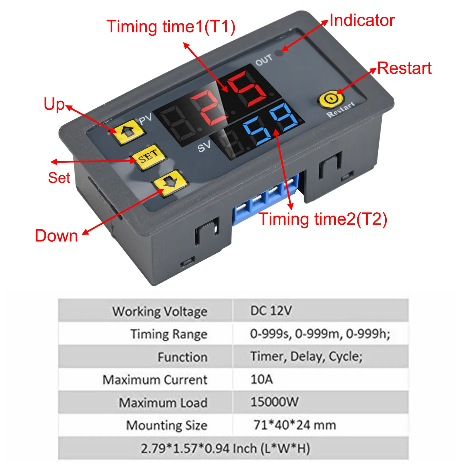 Programmable Digital Delay Relay with Dual LED Display for Accurate Timing Control 20A Load Capacity DC12V 24V AC110V 220V