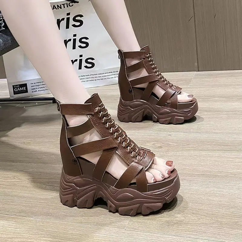 

Women's 10cm High Thick Sole Platform Sandals Summer Fish Mouth Wedge Heel Hollowed-Out Retro Roman Style Summer Boots