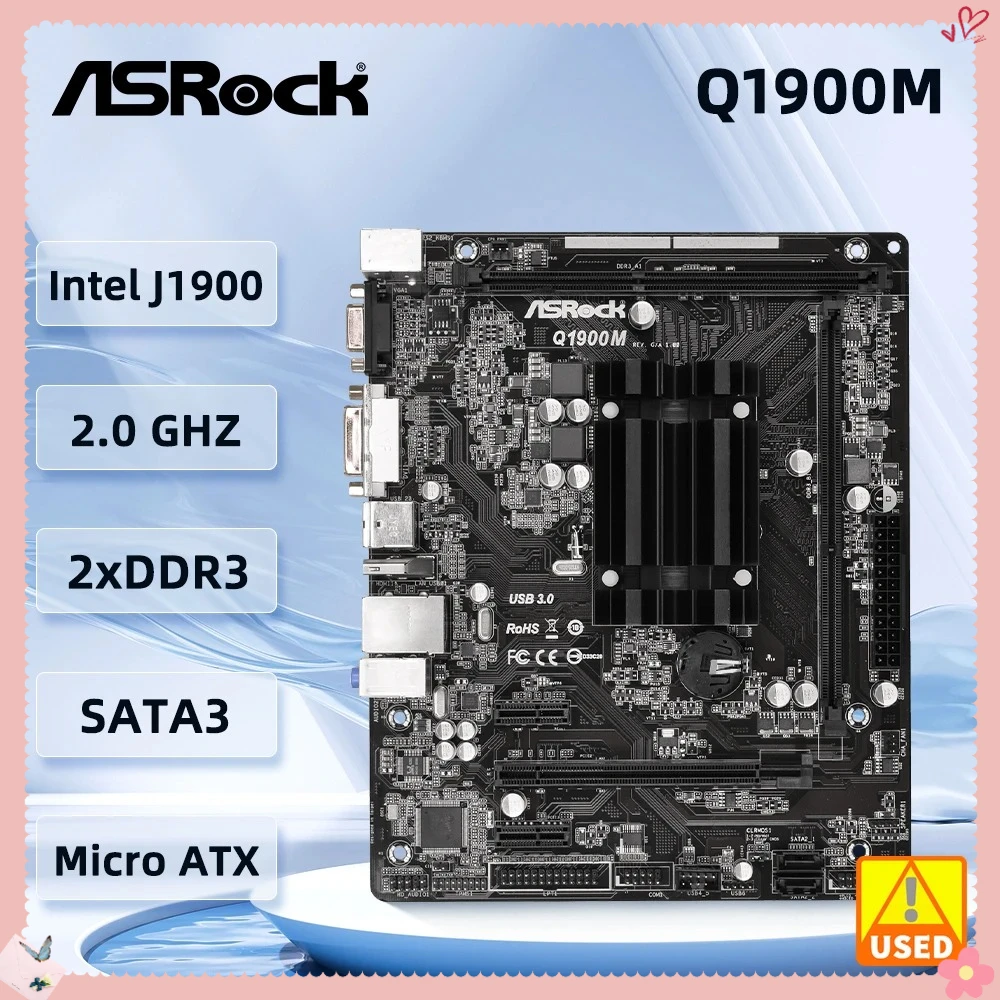 ASRock Q1900M Motherboard Intel Quad-Core Processor J1900 DDR3L 1333 16GB Long DIMM 2xSATA2 3.0 Gb/s Micro ATX