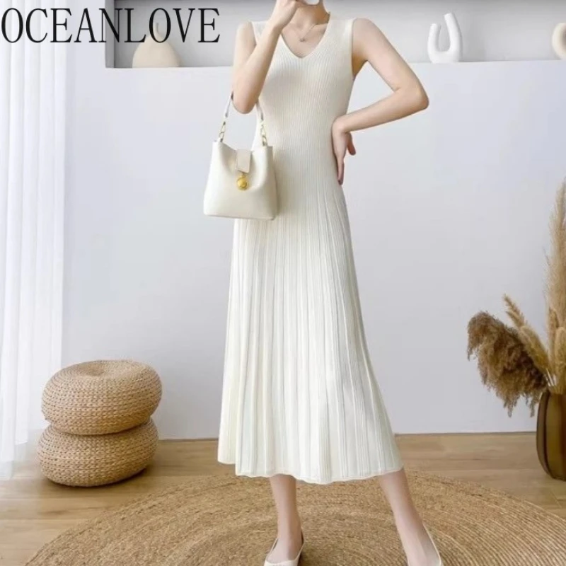 

OCEANLOVE Knitted Long Dresses V Neck Solid Sleeveless A-line Elegant Women Dress Korean Fashion Retro Vestidos Mujer